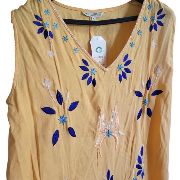 Anandas Collection Boho Floral Tassled Yellow Tank Dress Embroidered Womens XL - Picture 4 of 9